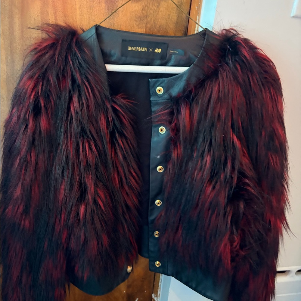 Balmain x H&M Faux Fur Jacket Faux Leather Black Dark Pink Rare - size US 12 - Picture 10 of 10